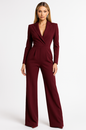 Burgundy blazer jumpsuit front view