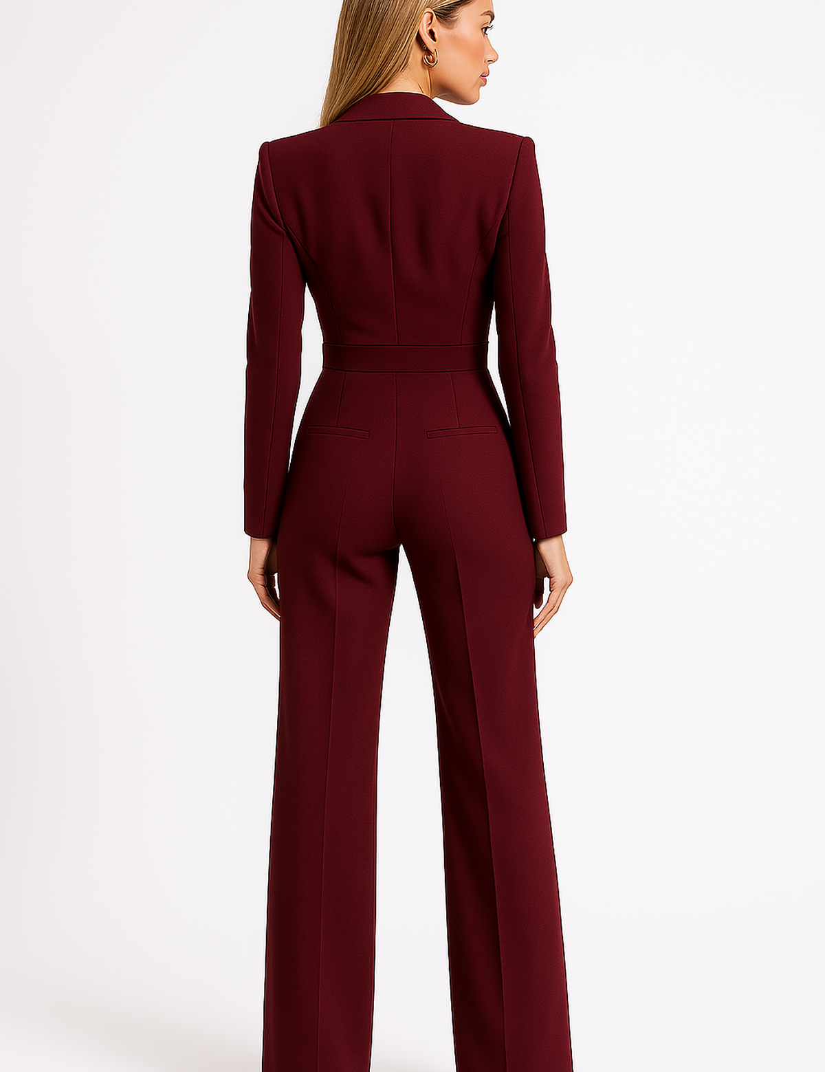 Burgundy blazer jumpsuit back view