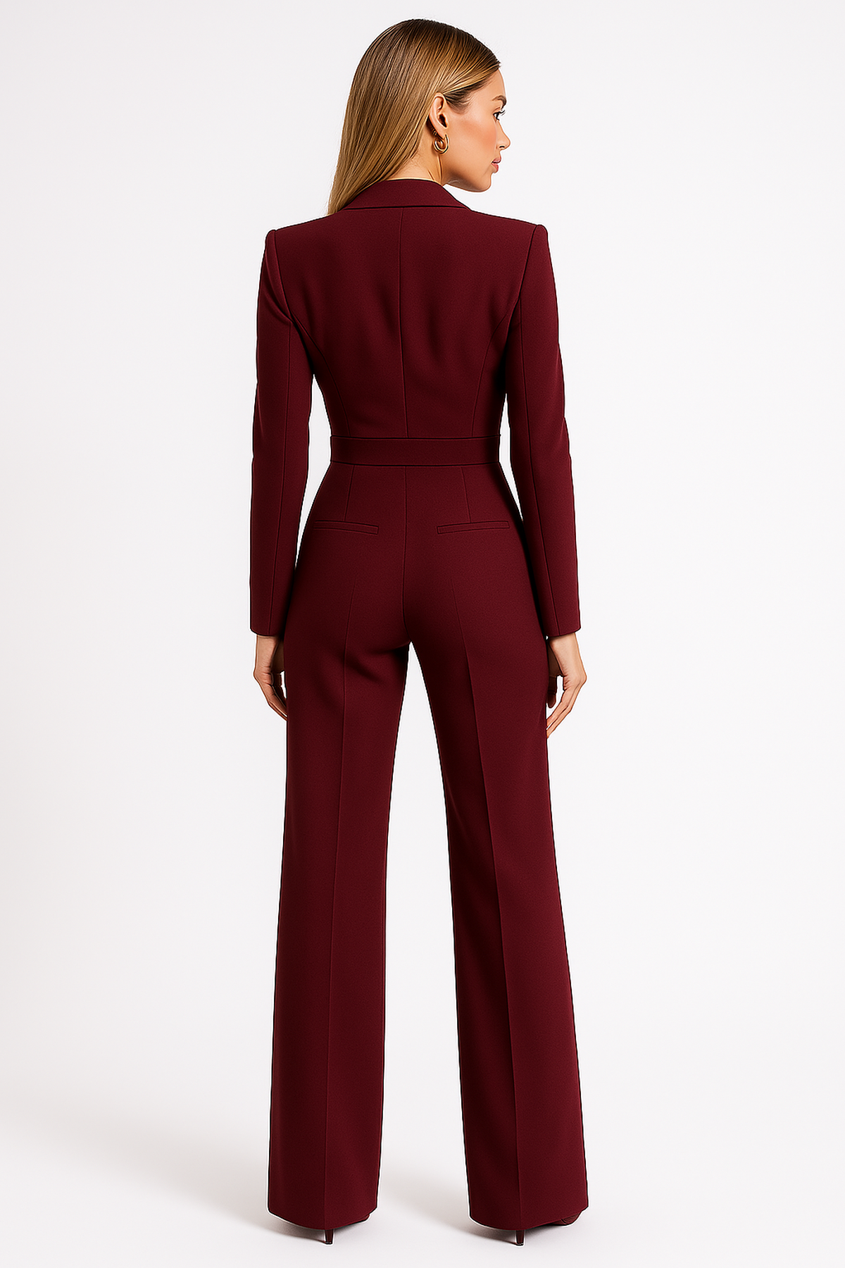 Burgundy blazer jumpsuit back view