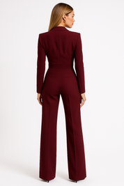 Burgundy blazer jumpsuit back view