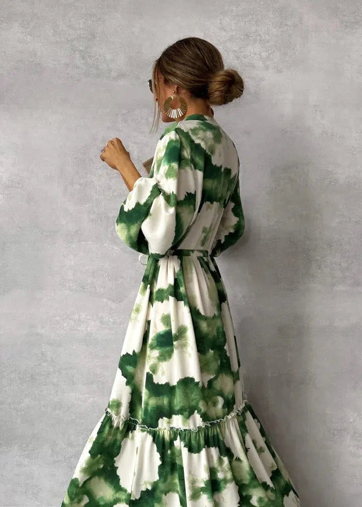 Maxi dress green and white floral print back view