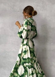 Maxi dress green and white floral print back view