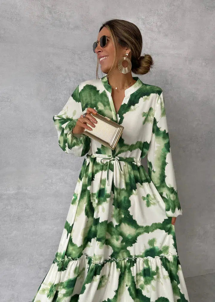Maxi dress green and white floral print front view