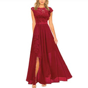 Red maxi dress with lace bodice and chiffon ruffles, front view