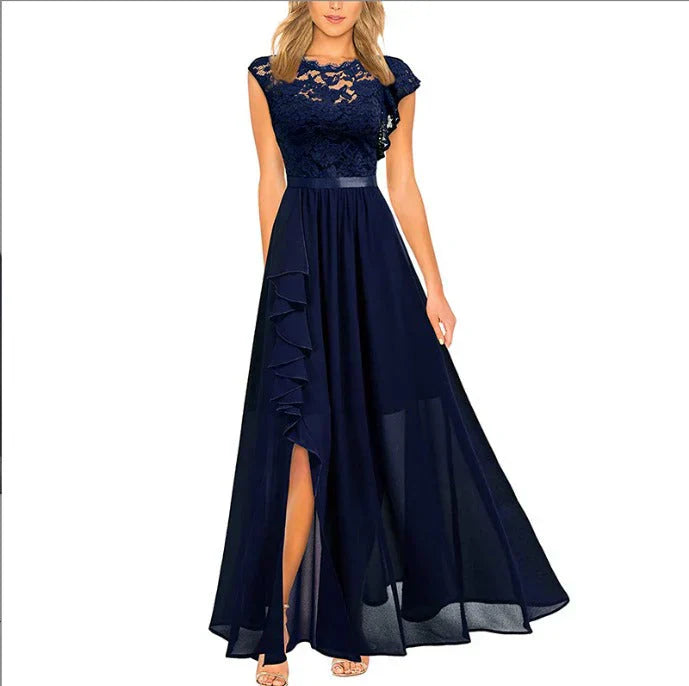 Navy maxi dress with lace bodice and chiffon ruffles, front view