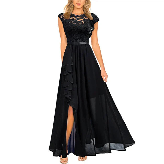 Black maxi dress with lace bodice and chiffon ruffles, front view