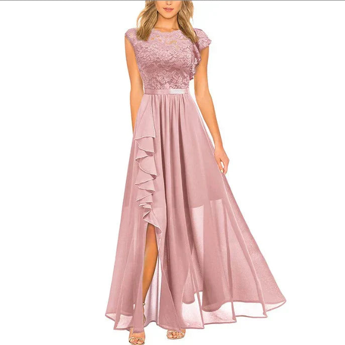 Pink maxi dress with lace bodice and chiffon ruffles, front view