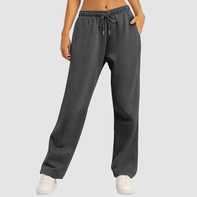 Damesbroek donkergrijs met elastische taille en zakken, zijaanzicht