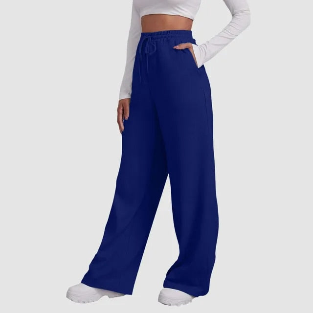 Damesbroek blauw met elastische taille en zakken, detail shot