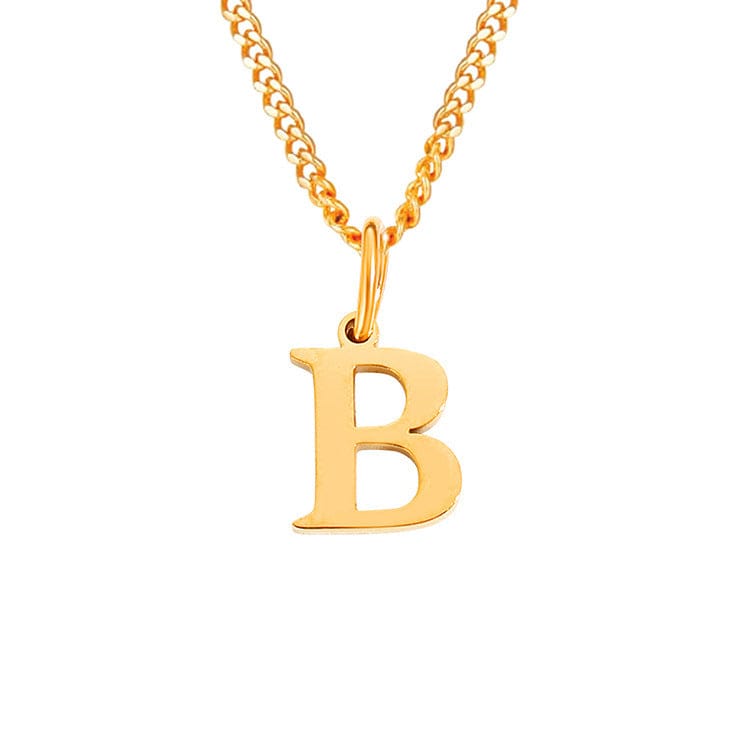 Halsketting met gouden letter 'B' hangertje, gecuberd kettinkje, detailopname
