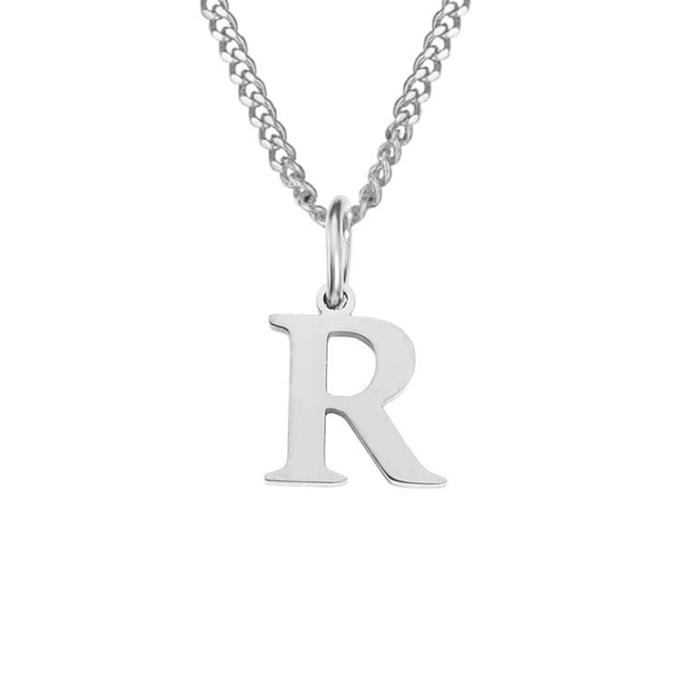 Halsketting zilveren kubus ketting met initiaal 'R' front view