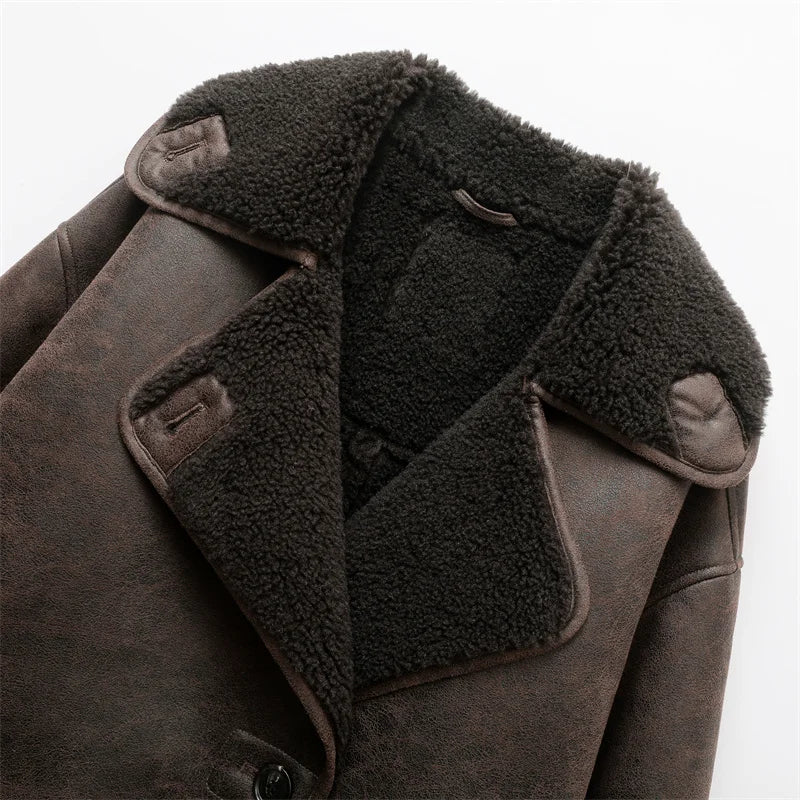 Brown teddy-lined coat close-up detail showing collar and pockets