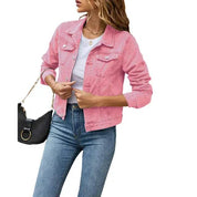 Roze denim jack dames voor- en zijkant met details