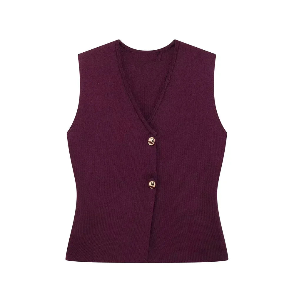 Mouwloze gilet top donkerrood met gouden knopen front view