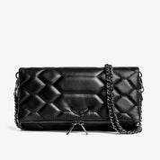 Black quilted leather clutch with silver chain, front view