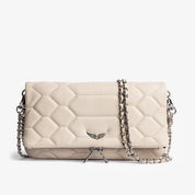 White quilted leather clutch with silver chain, front view