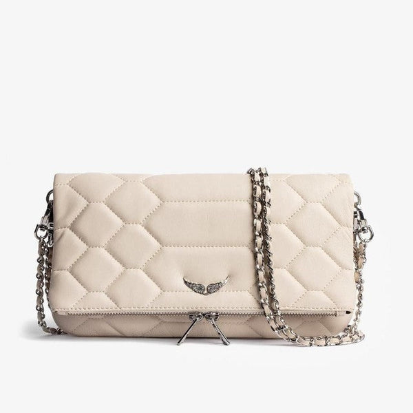 White quilted leather clutch with silver chain, front view