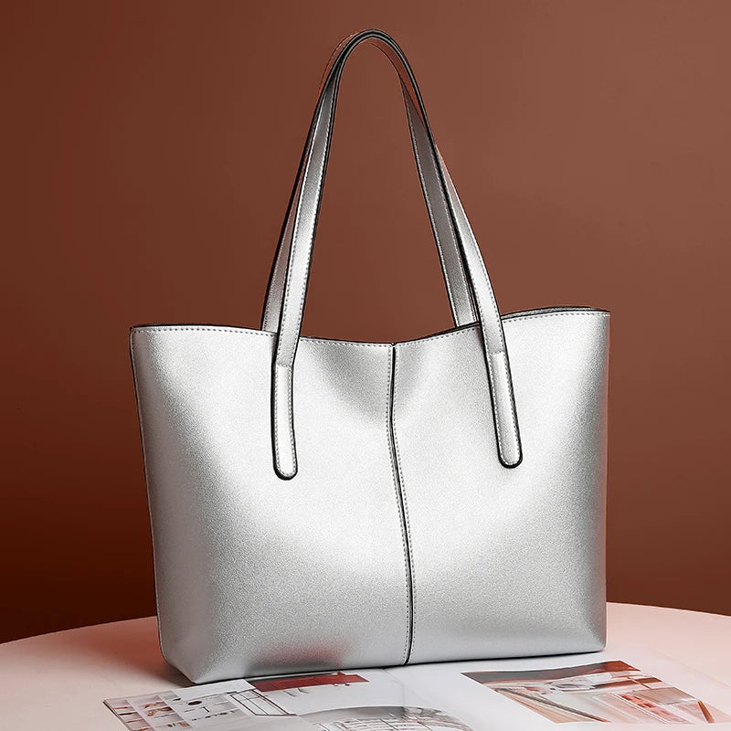 Silver tote bag side view
