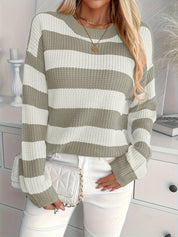 Gestreepde gebreide trui dames regular fit crew neck front view