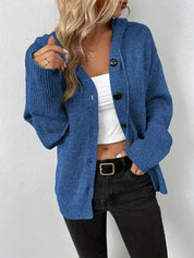 Blue knit cardigan with buttons and white top front view