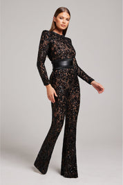 Jumpsuit zwart kant met riem detail zijkant