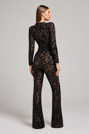 Jumpsuit zwart kant met sequins en ceintuur rugzijde