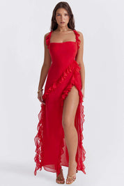 Evening dress red ruffle front view