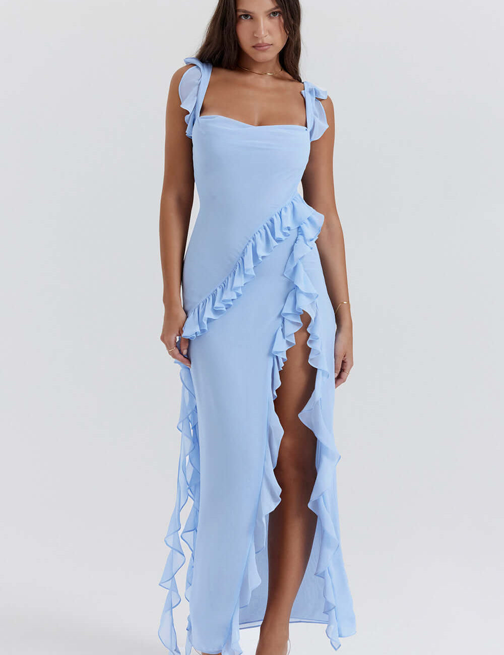 Evening dress light blue ruffle front view