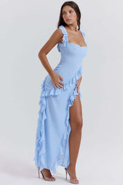 Evening dress light blue ruffle front pose
