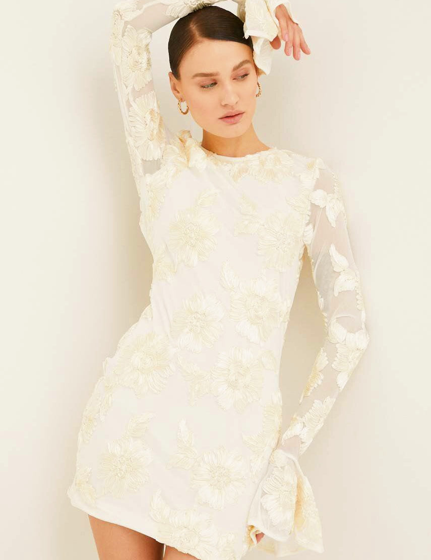 White embroidered mini dress with bell sleeves front view