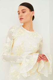White embroidered mini dress with bell sleeves side profile