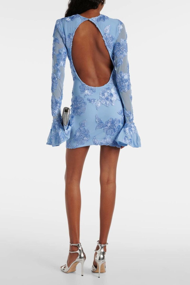 Blue embroidered mini dress with open back detail