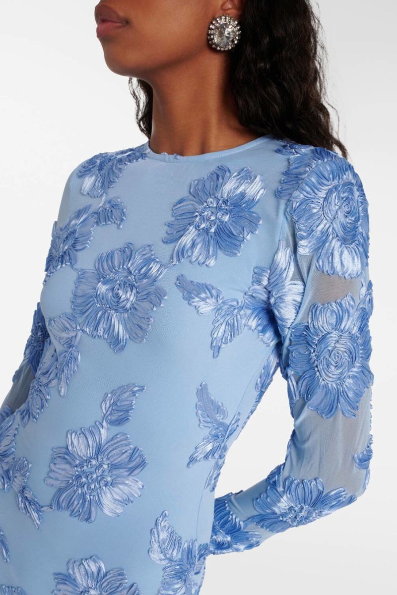Blue embroidered mini dress floral detail close-up