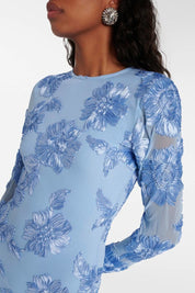 Blue embroidered mini dress floral detail close-up