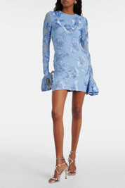 Blue embroidered mini dress with bell sleeves front view