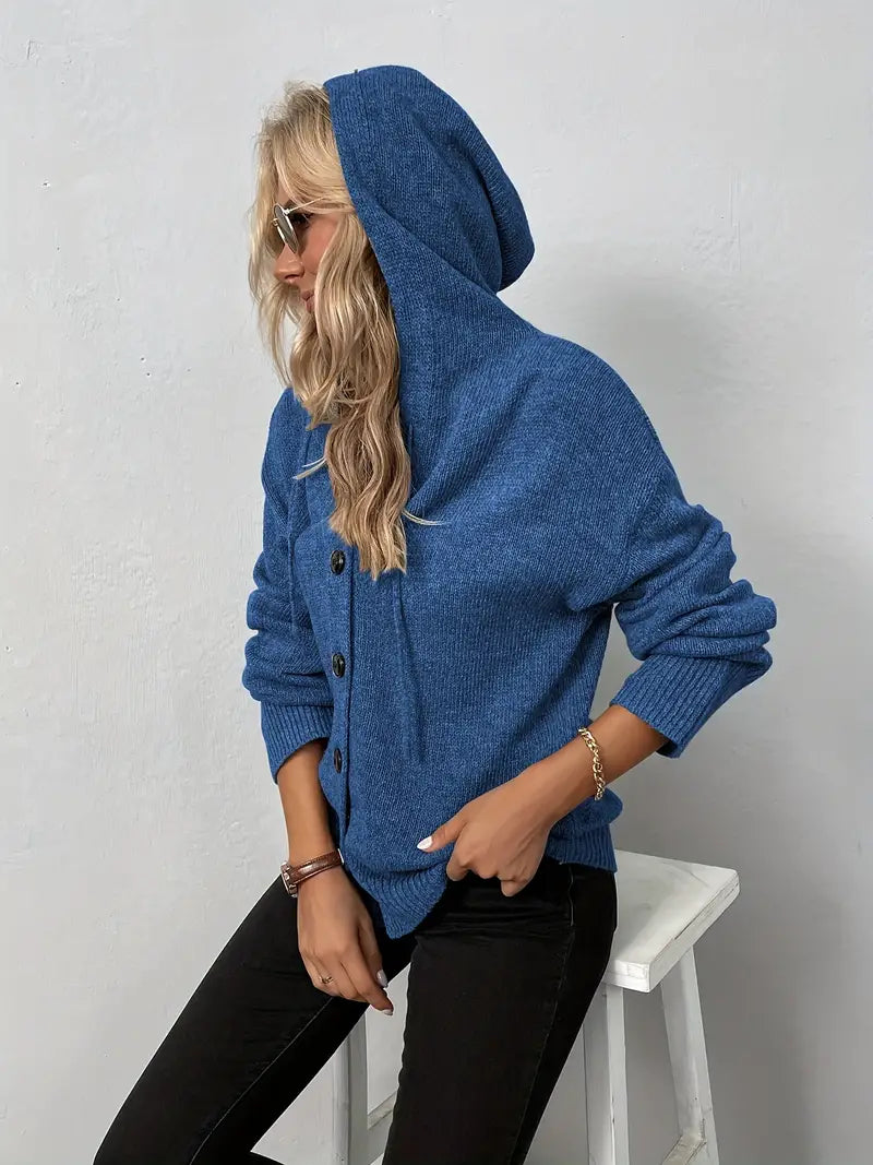 Blue knit cardigan with hood side profile