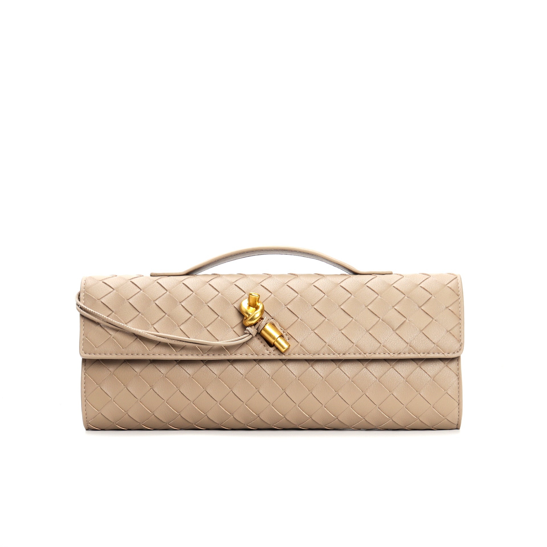 Luxe schoudertas beige geweven clutch vooraanzicht