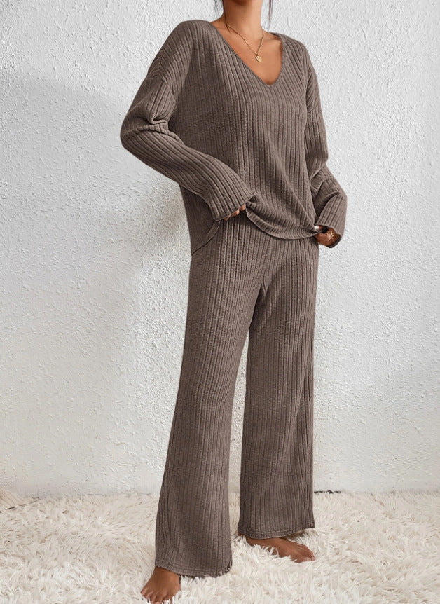 Tweedelig loungewear set dames beige ribstof front view