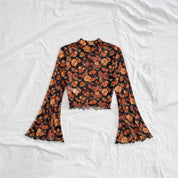 Stand-up Collar Mesh Printed Long-sleeve Top For Women