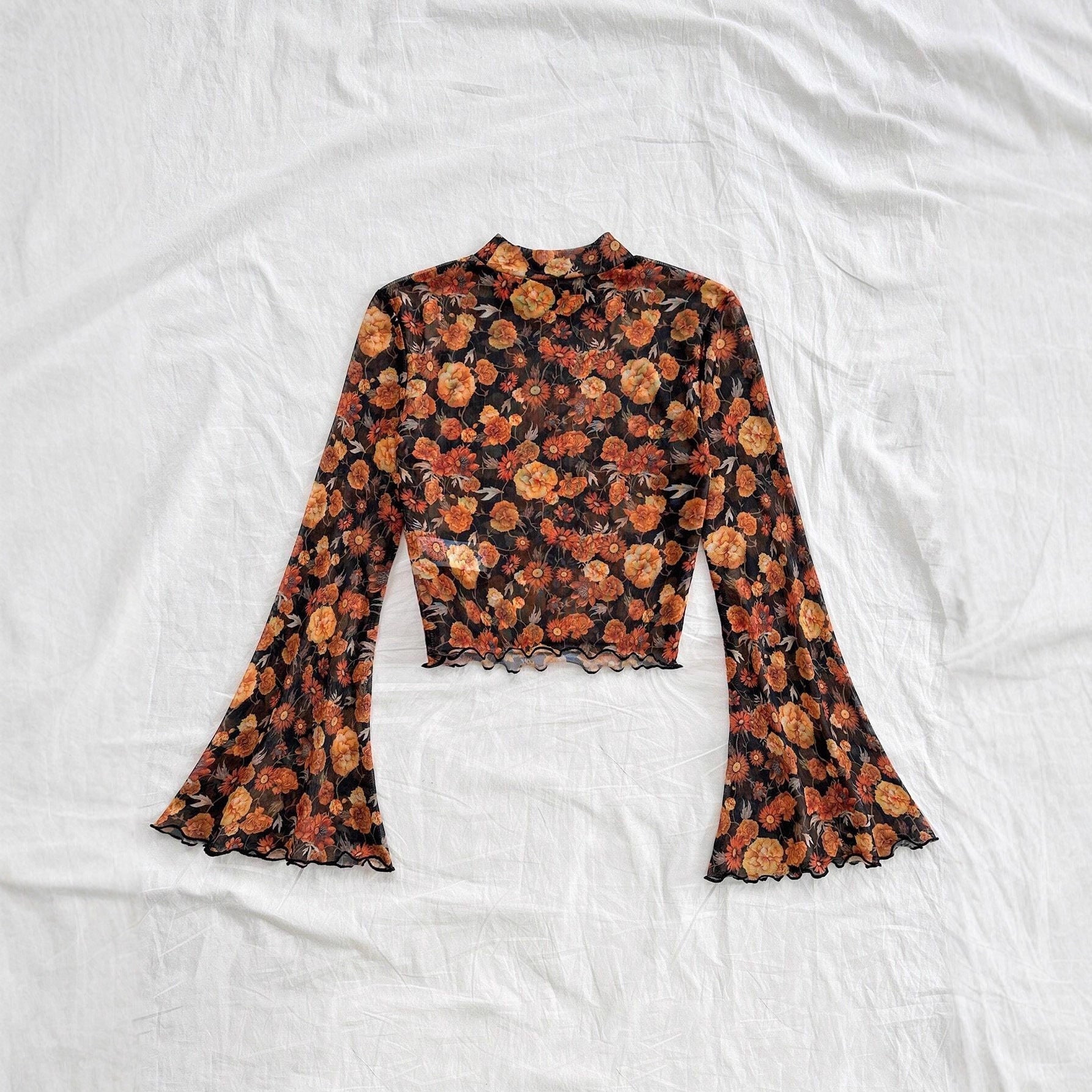 Stand-up Collar Mesh Printed Long-sleeve Top For Women