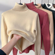 Dames trui met hoge hals in beige, rood en zwart, vooraanzicht