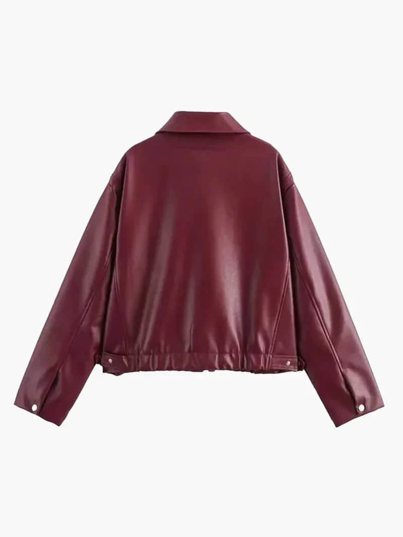Oversized faux leather jacket maroon back view