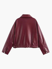 Oversized faux leather jacket maroon back view