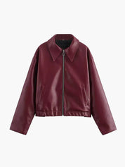 Oversized faux leather jacket maroon front view with zipper