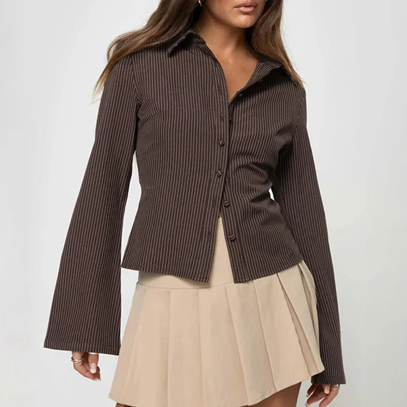 Retro flare-sleeve shirt brown close-up front view