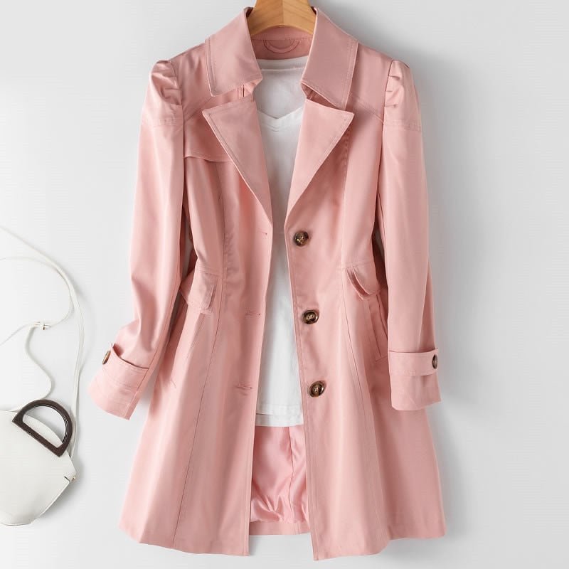 Trenchcoat roze met dubbele rij knopen, zijweergave