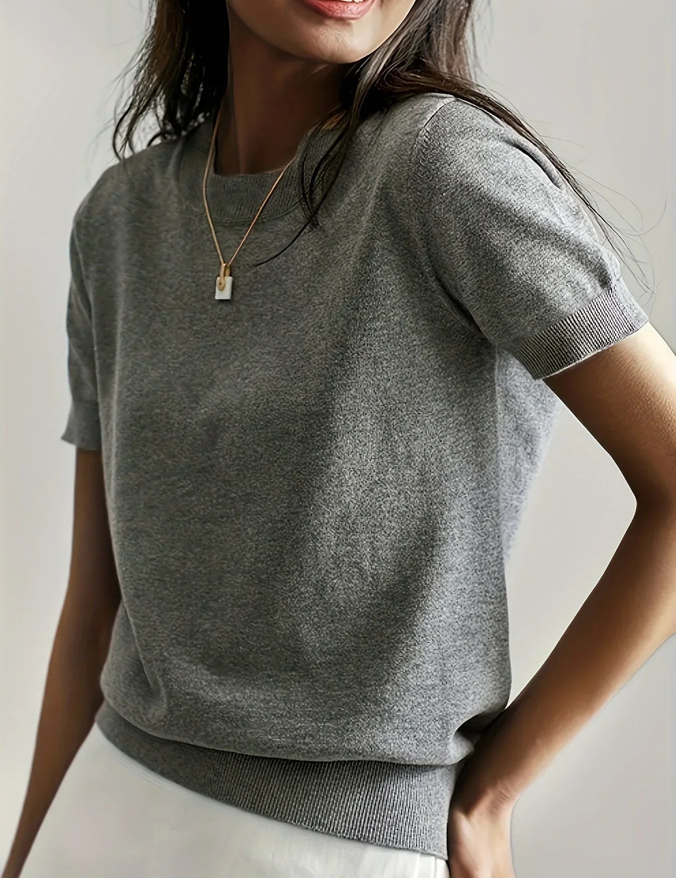 Knitted top gray short sleeves front view