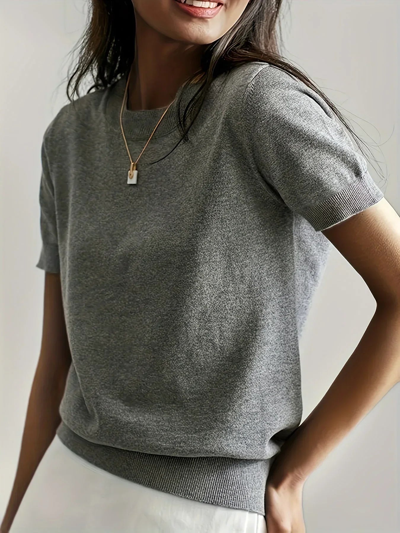 Knitted top gray short sleeves front view