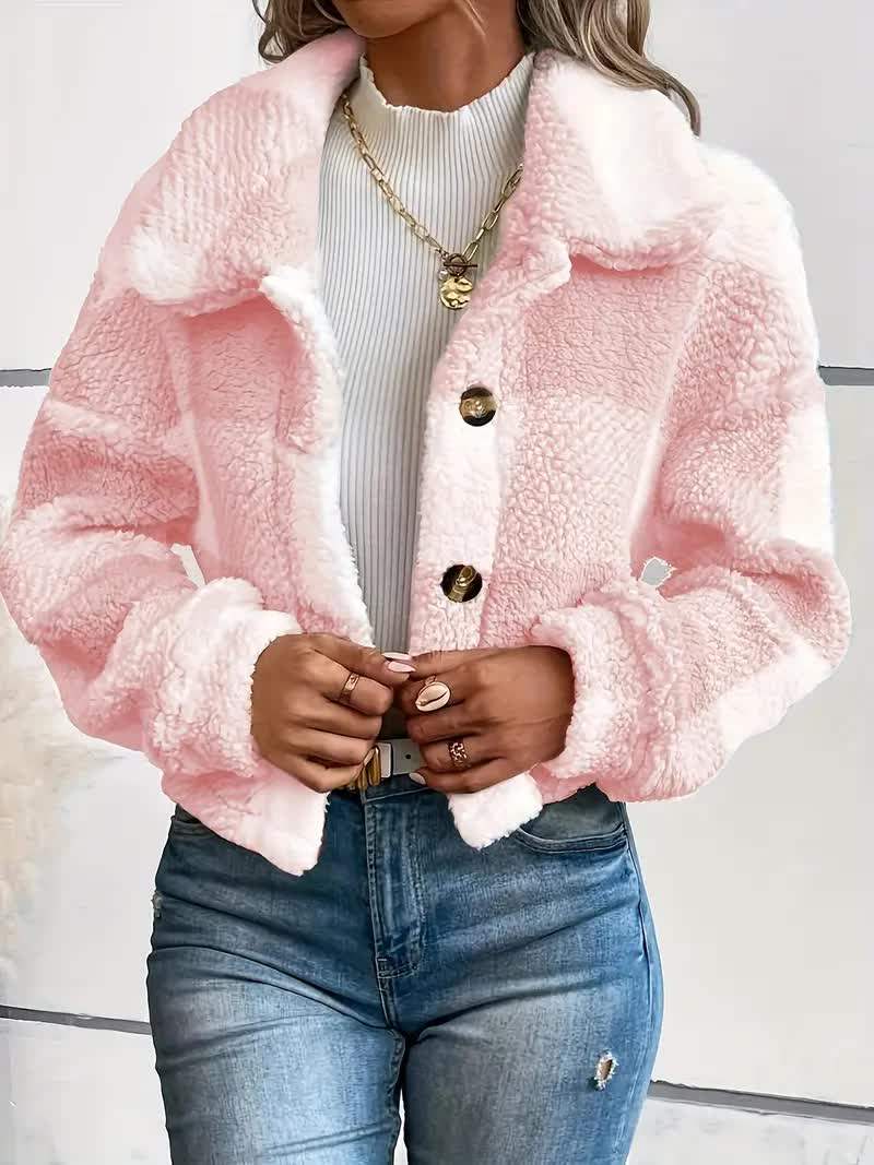 Lichtroze fleece jack dames met knopen en bolmouwen front view