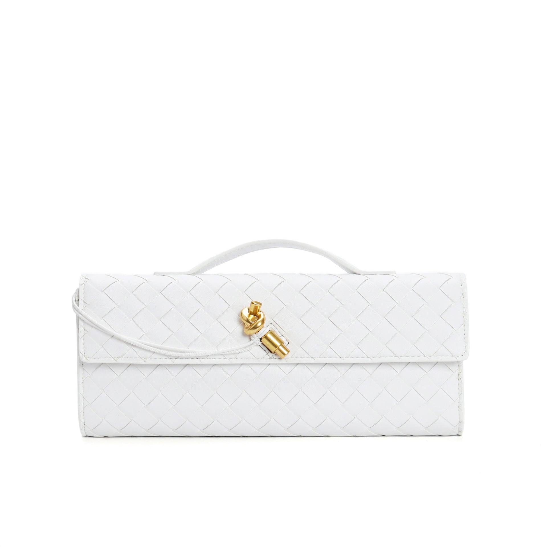Luxe schoudertas wit geweven leer met gouden details front view